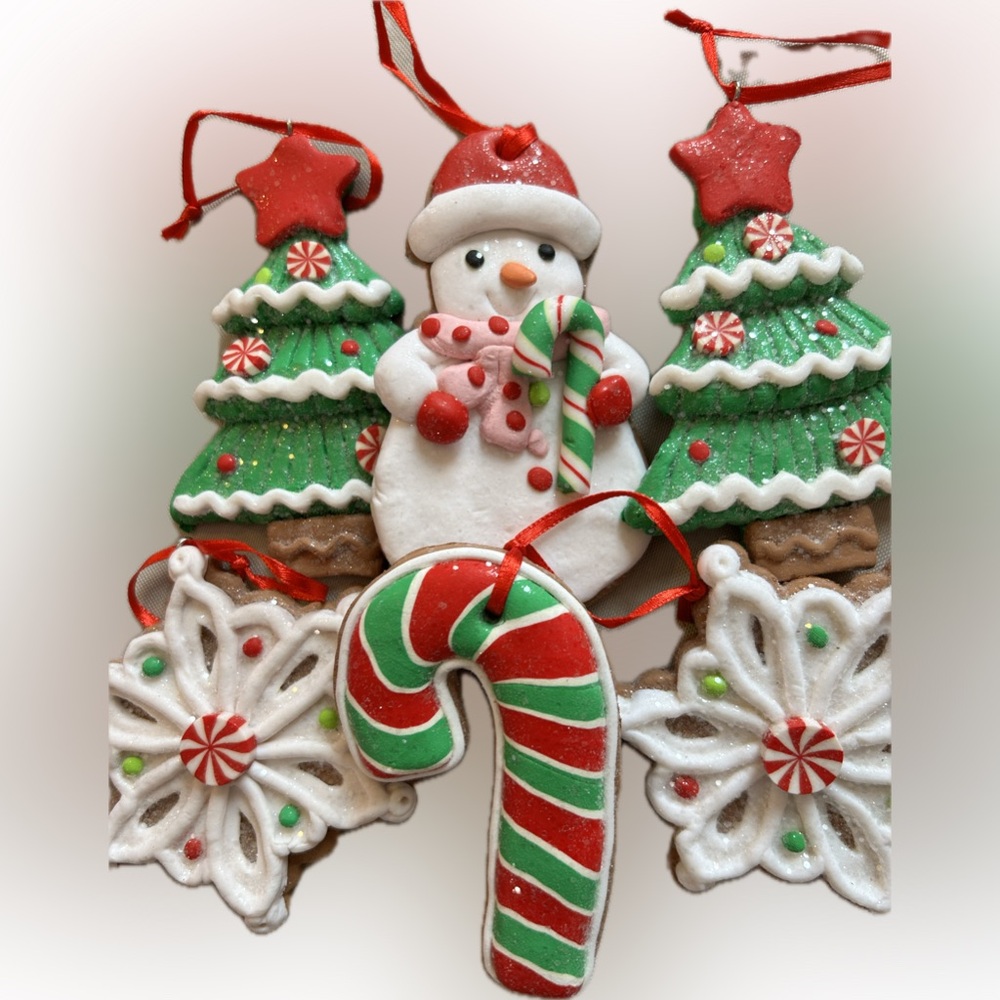 Festive Cookie Clay Sparklie Holiday Ornaments choice of Snowman Tree Snowflake